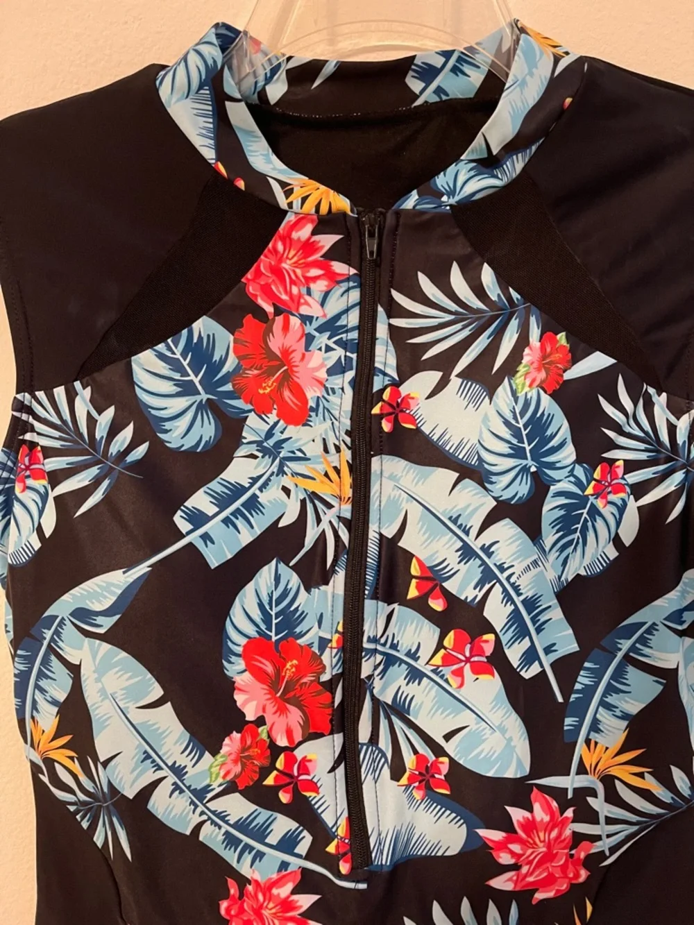NWOT Swim Unitard Black Tropical Floral with Zip Front